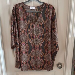 Adrienne Pink and Brown Patterned V-Neck Blouse